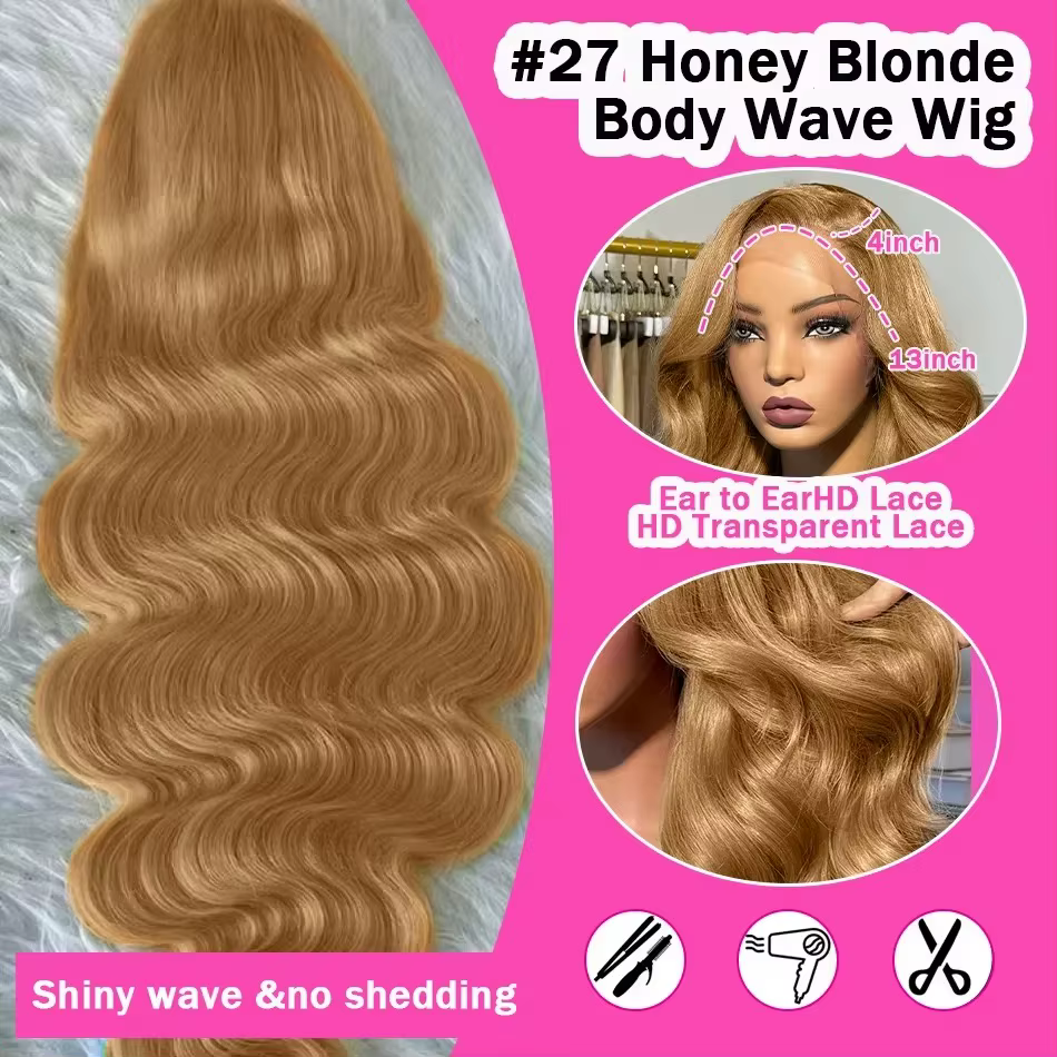 Perruque Lace Front HD 28 pouces en cheveux humains blond miel 13x4, densité 180%, couleur blond mie