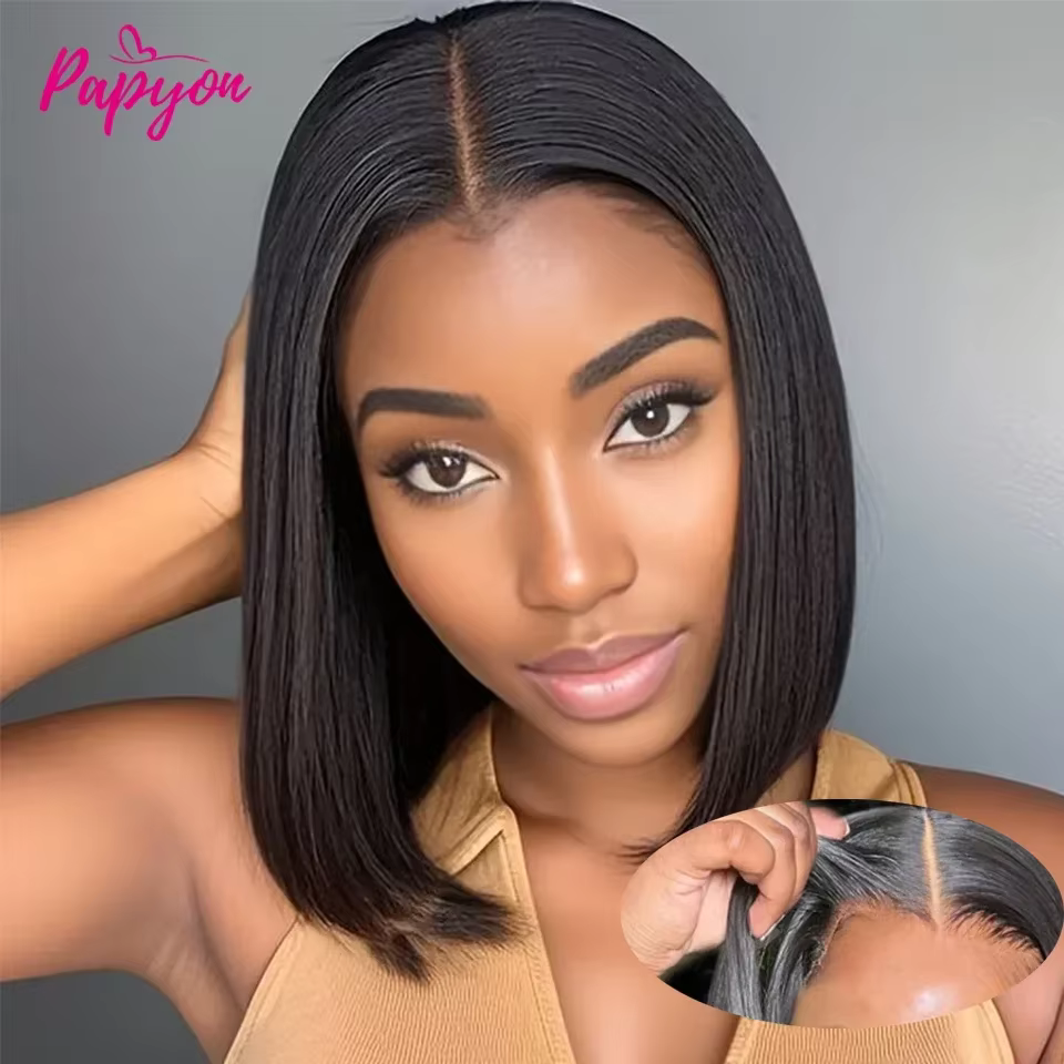 Perruques courtes bob lisses sans colle, prêtes à porter, en cheveux humains, pré-coupées, avec cord