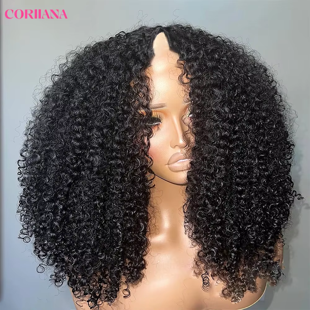 Perruque V-Part 250% Kinky Curly en Cheveux Humains, Sans Tissage apparent, Améliorée, Ondulations P