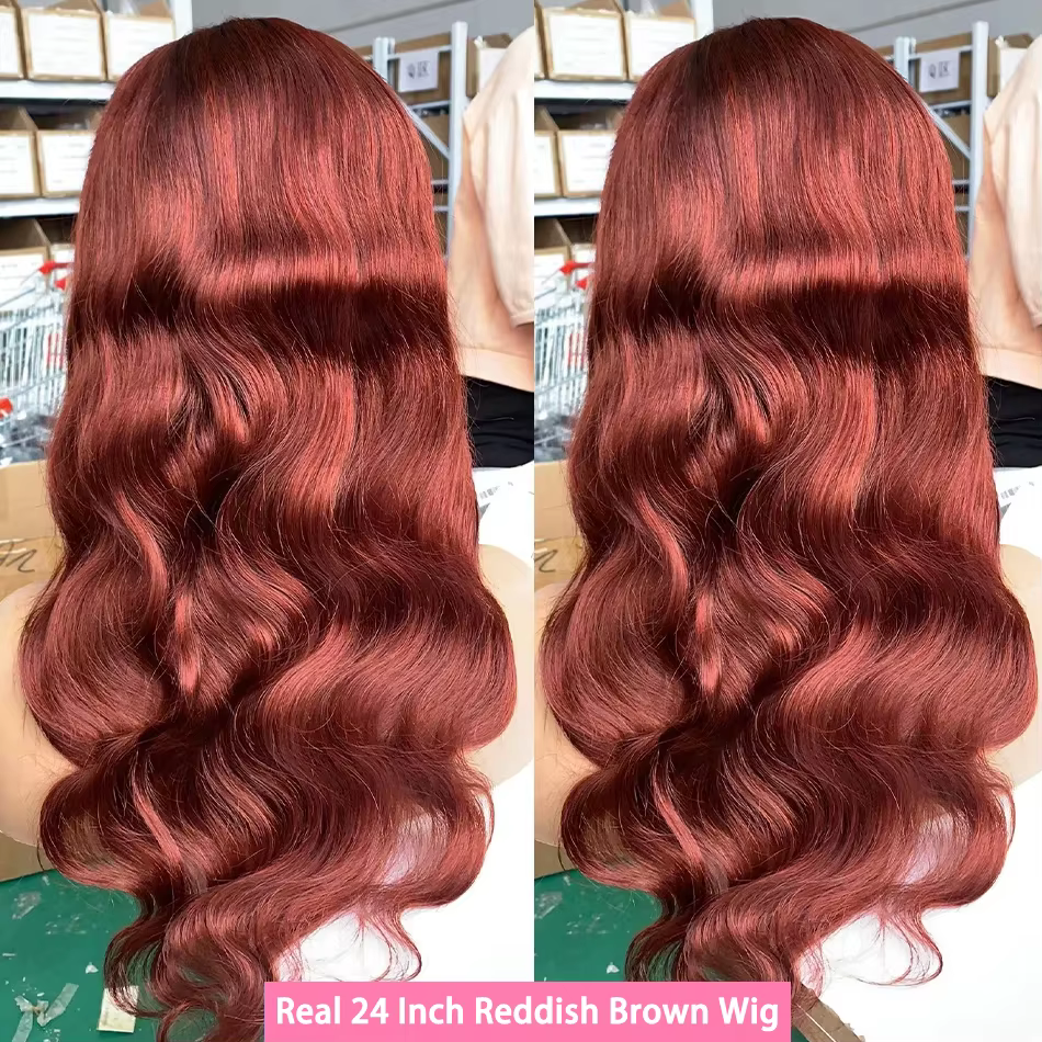 Perruque Lace Frontale 13x6 en Cheveux Humains Ondulés Rougeâtre Brun, Pré-épilée, Colorée, avec Den
