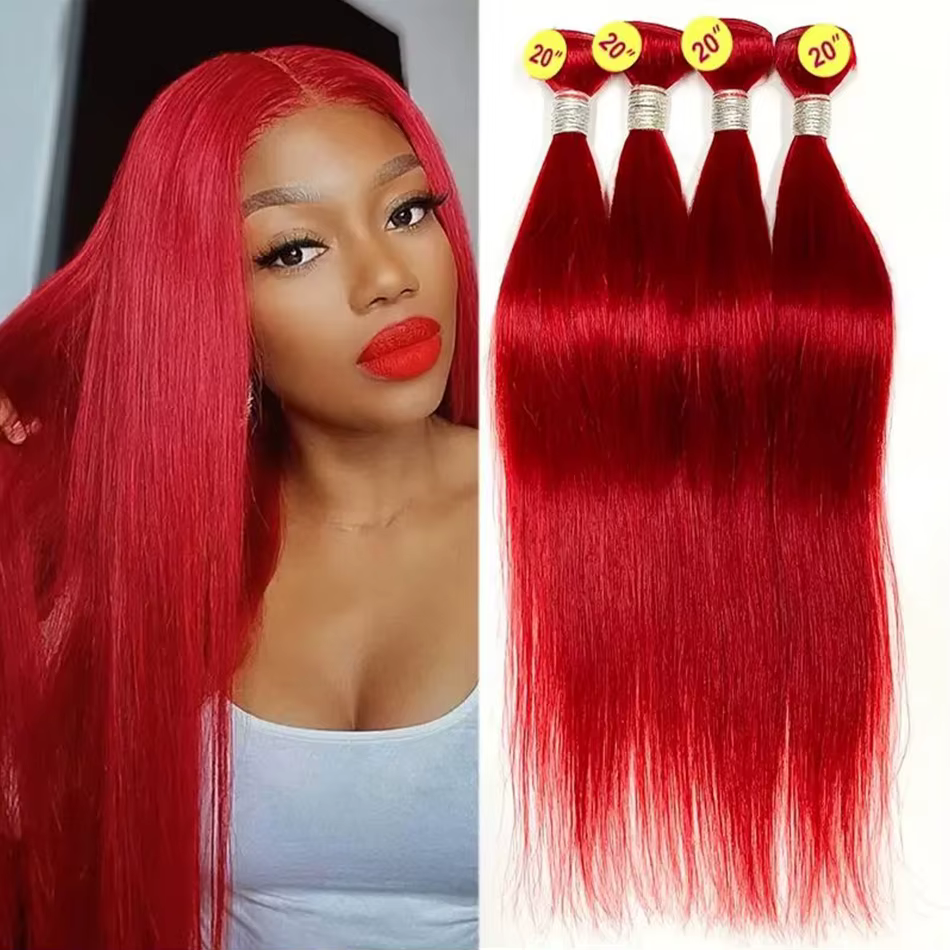 Paquets droits rouges avec fermeture 4*4 avec des cheveux de bébé dentelle transparente tissage de c