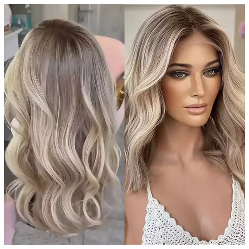 Perruque synthétique à dentelle HD courte ondulée de style bob avec mèches blond cendré ombré, perru