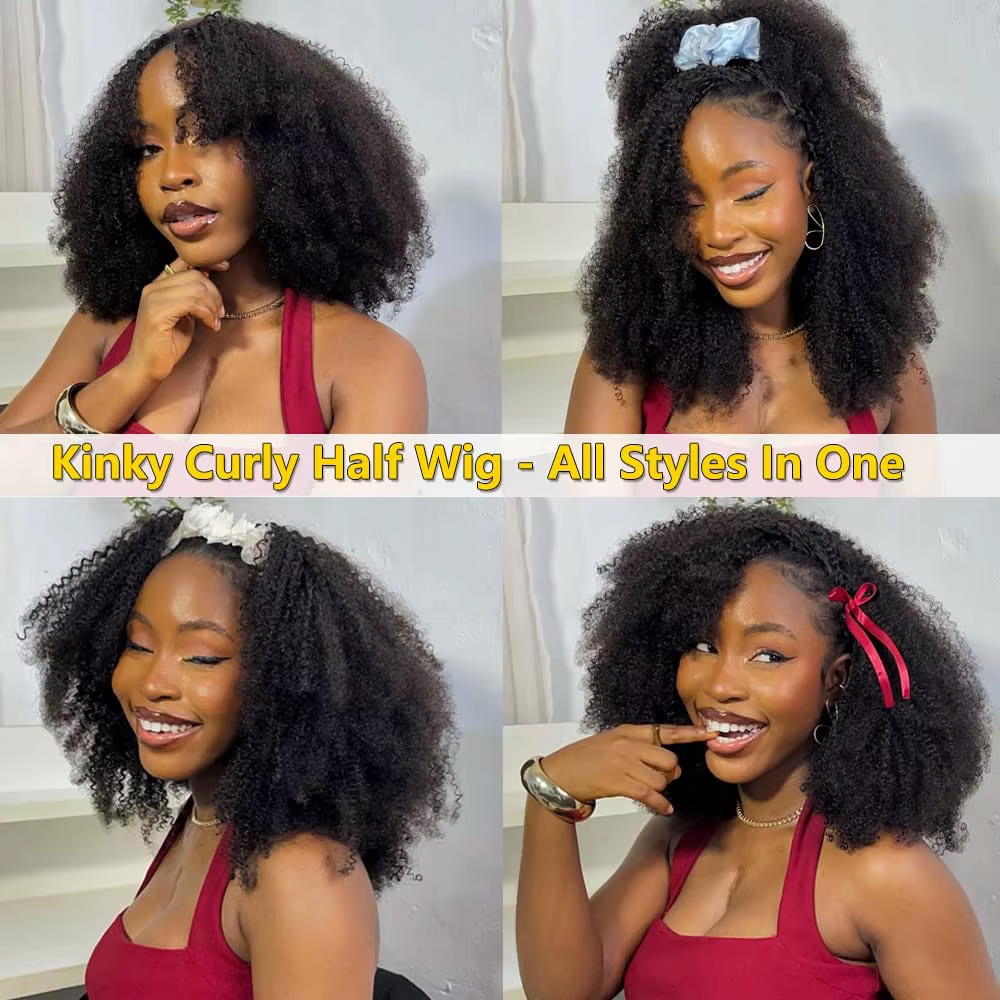 250% demi-perruque cheveux humains Afro crépus bouclés bandeau perruque mise à niveau 3 en 1 demi-pe
