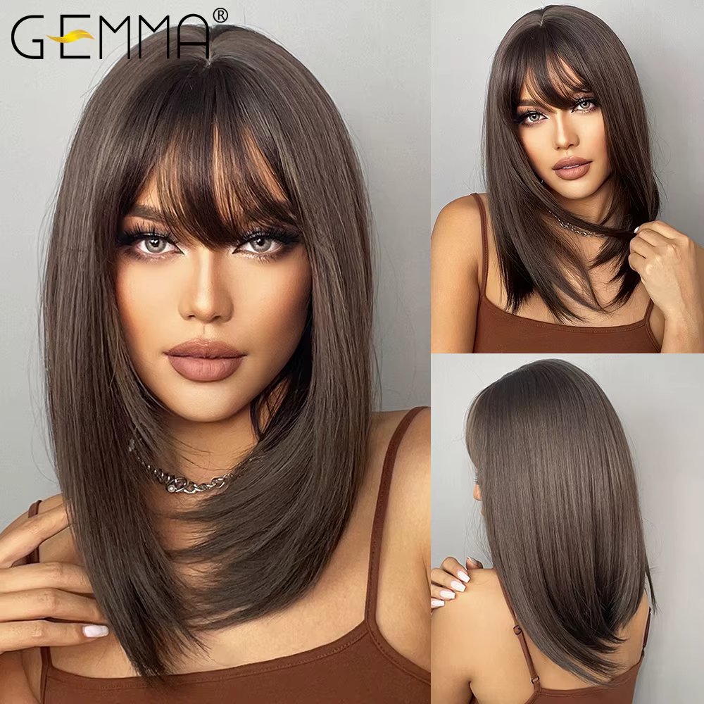 GEMMA – perruque synthétique BoBo marron foncé avec frange pour femmes, postiche lisse à longueur d'