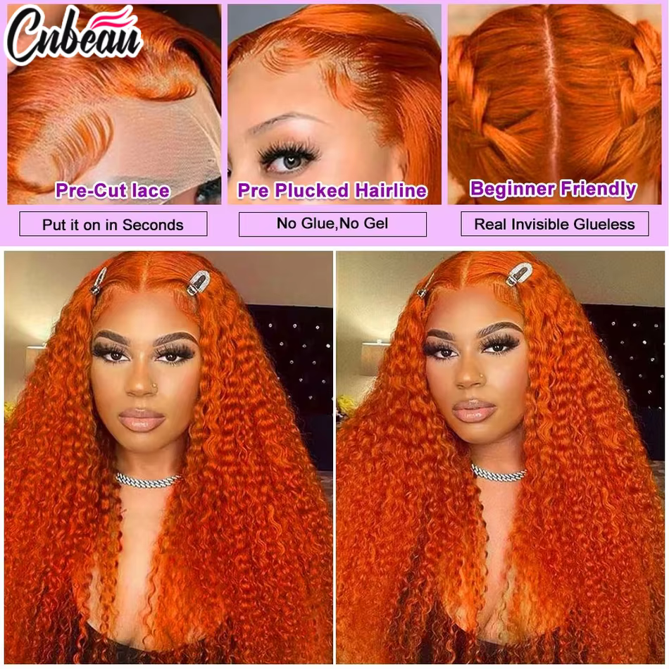 Perruque Lace Front Wig naturelle bouclée Orange gingembre, cheveux humains, 13x4, 13x6, Hd, 36 pouc