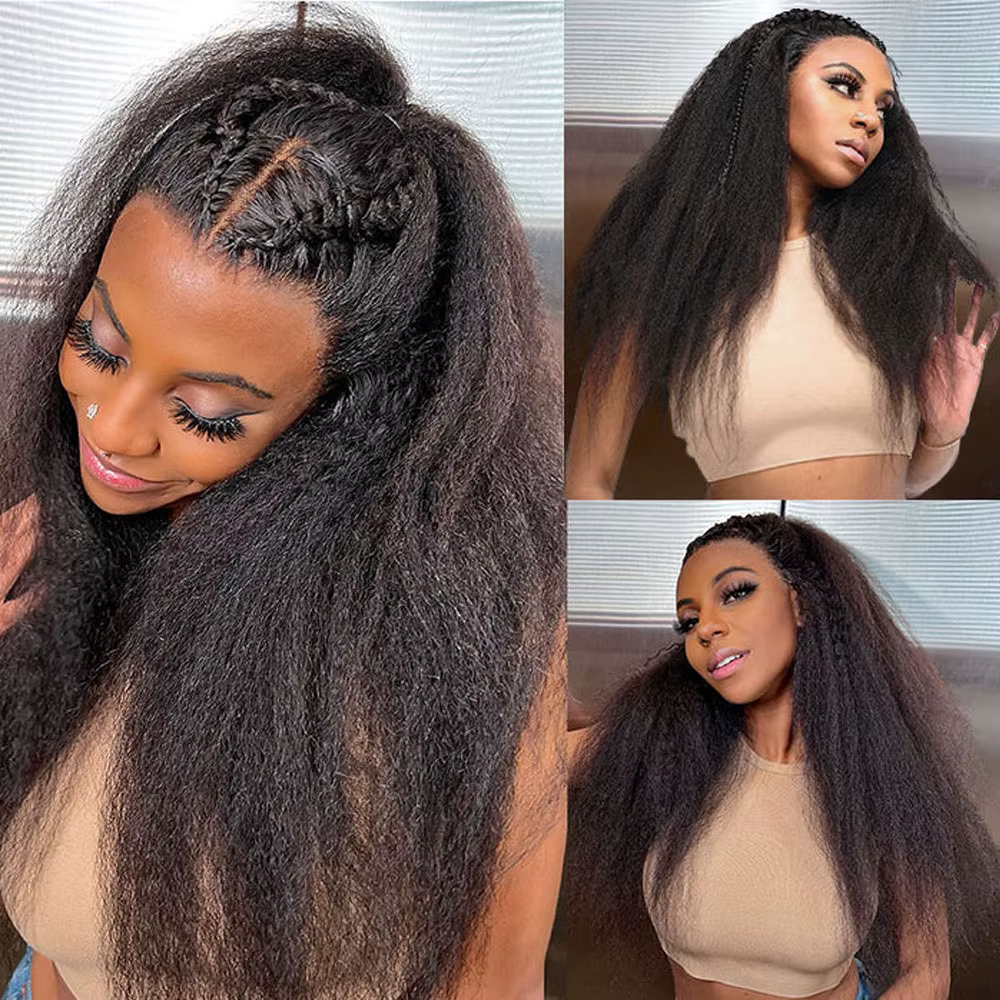 Perruque Lace Front Kinky Straight de 40-42 pouces, pré-épilée, Yaki Straight HD 13x4, avec bords 4C