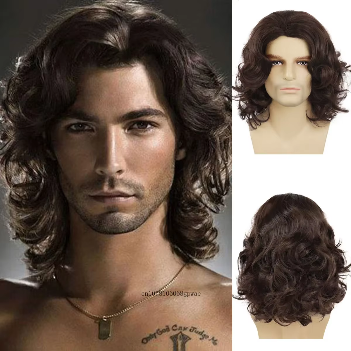 Perruques synthétiques pour hommes, perruque brune longue bouclée pour hommes, coiffure naturelle mo