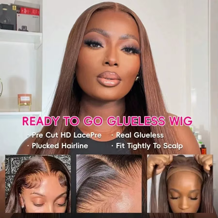 Perruques brésiliennes en cheveux humains lisses brun chocolat de 34-36 pouces, perruque frontale en