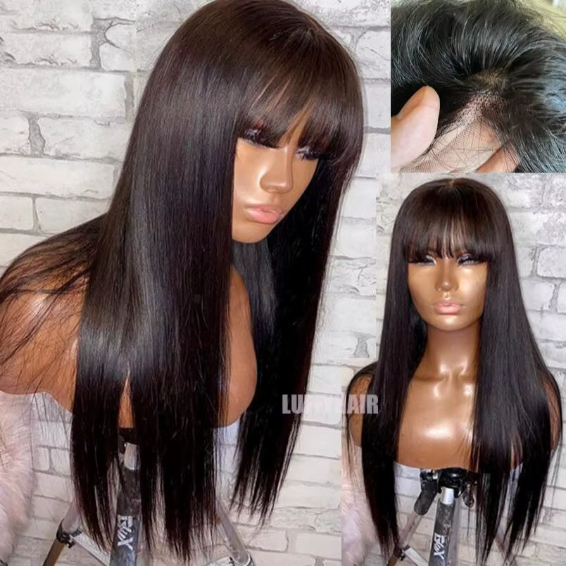 Perruque Full Lace Wig naturelle soyeuse avec frange, cheveux lisses, pre-plucked, 5x4.5, injTop