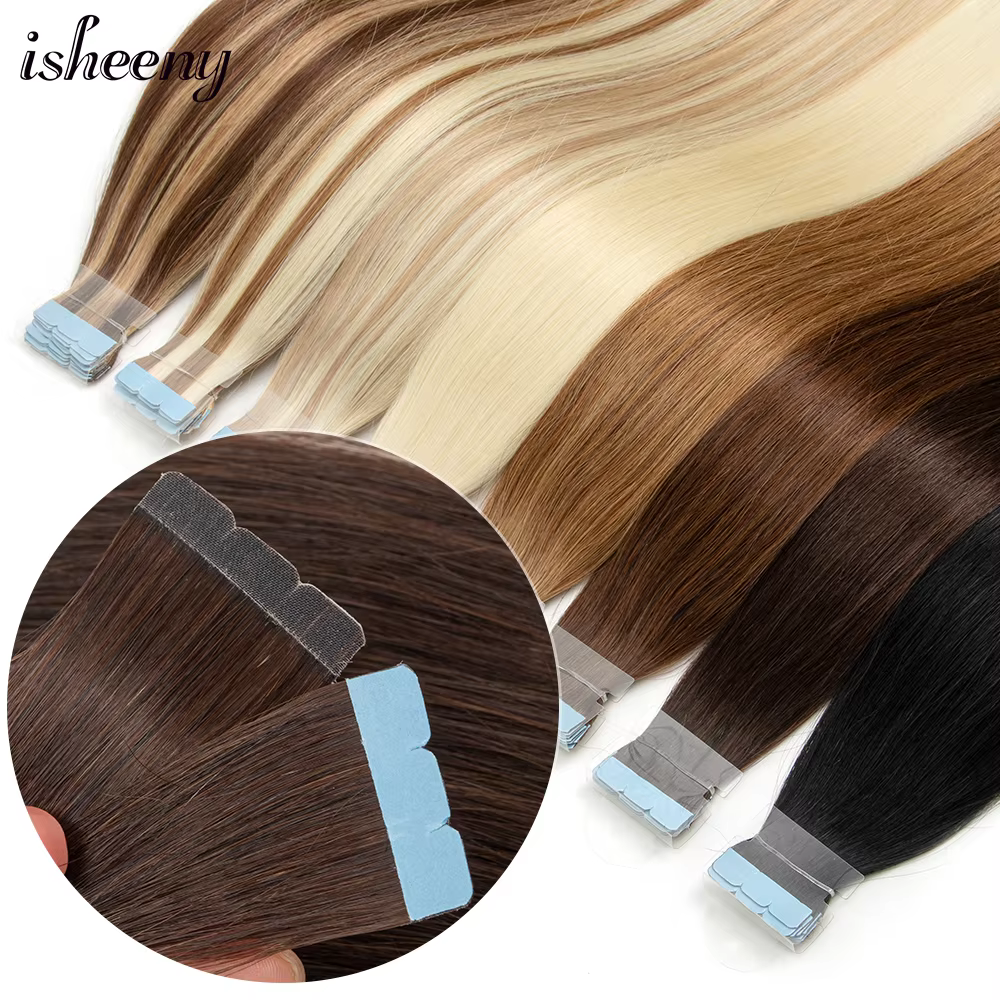 Isheeny-Extensions de Cheveux Humains Remy, Bande Adhésive, Noir Naturel, Marron, Blond, 12 à 24 Pou