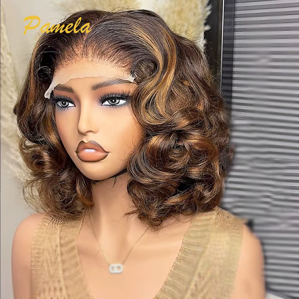 Perruque Bob Blonde 100% cheveux humains vague profonde lâche courte Ombre 4 27 couleur marron avant