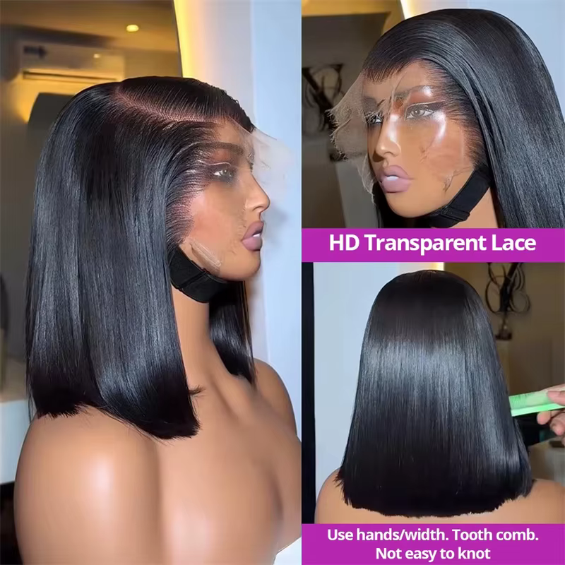 Perruque Lace Front Transparente 5x5, Bob Court Lisse 13x6, Densité 250%, Cheveux Humains Pré-Plucké