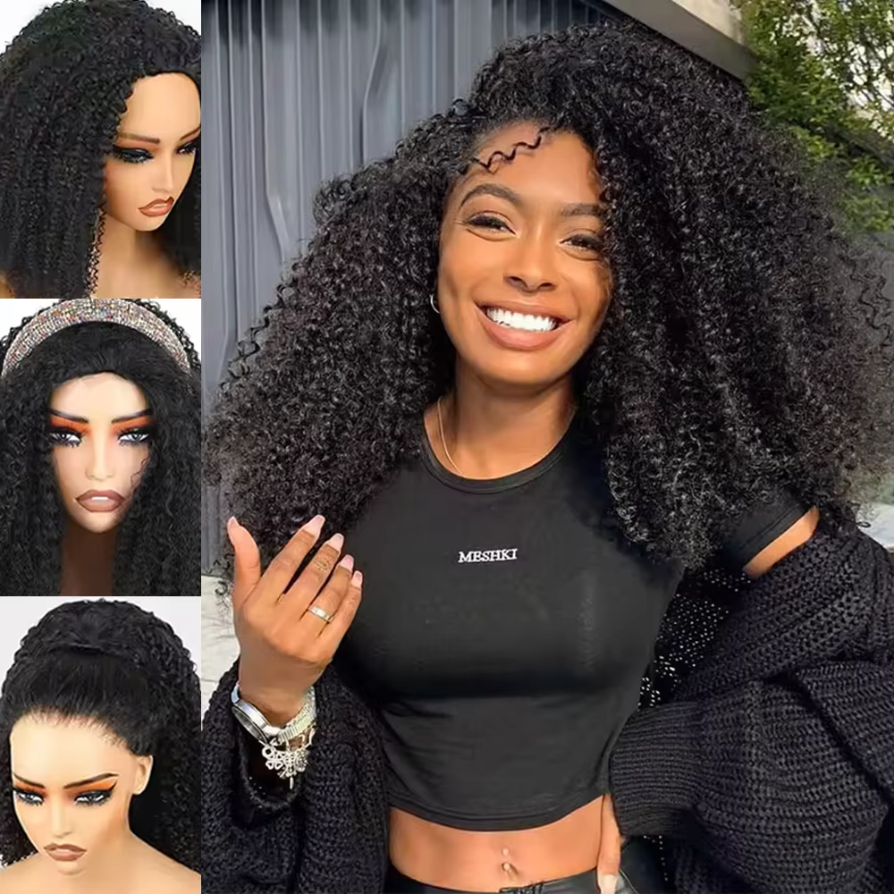 Perruques en cheveux humains Remy, perruque bandeau bouclée crépue, version améliorée 3 en 1, demi-p