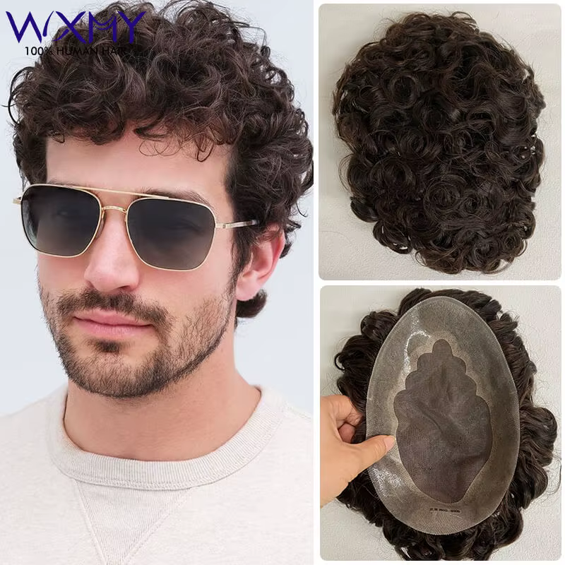 Perruque toupet bouclée pour hommes, Mono fin avec Base de peau, prothèse capillaire indienne nature