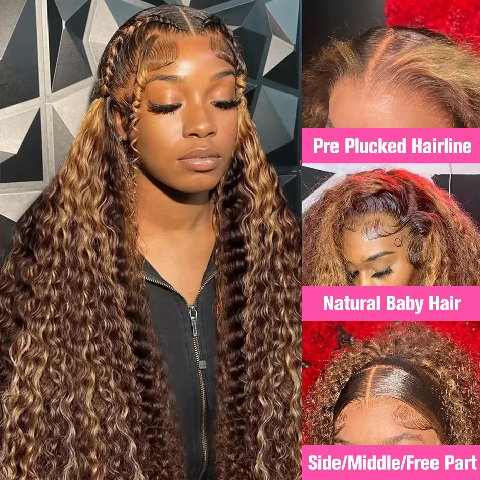 Luckathy bouclés couleur mettre en évidence perruque cheveux humains vague profonde 13X6 Hd dentelle