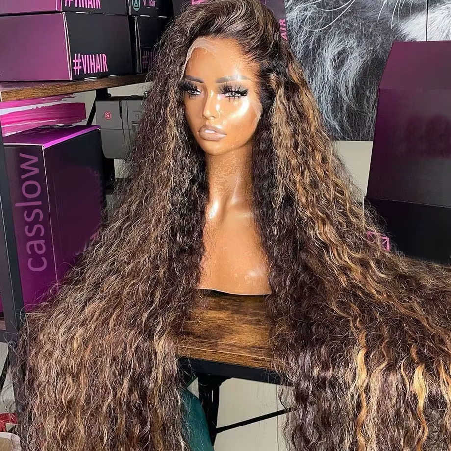 Perruque Lace Wig brésilienne bouclée ondulée, cheveux humains ombré HD, 13x6, à reflets, 13x4, pour