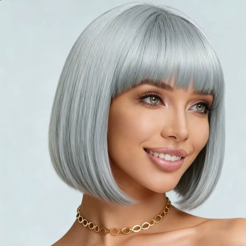 Perruque synthétique femme gris argenté 12 pouces style élégant, adaptée aux fêtes quotidiennes et a