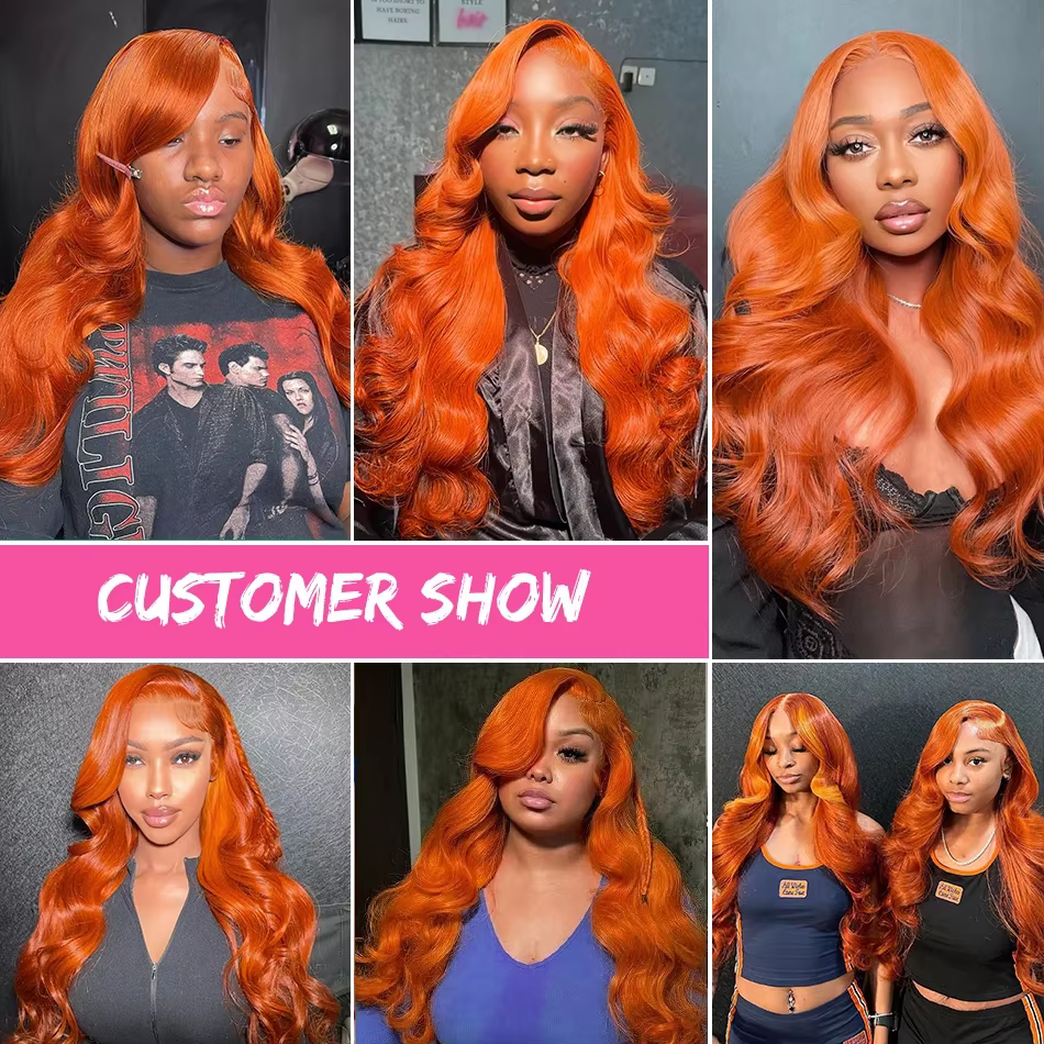 Perruque Lace Front HD 13x6 en Cheveux Humains, Ondulation Body Wave, Couleur Gingembre Orange, Dens