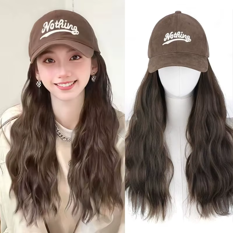 Perruque synthétique ondulée avec casquette de baseball marron et longs cheveux ondulés, ajustable, 