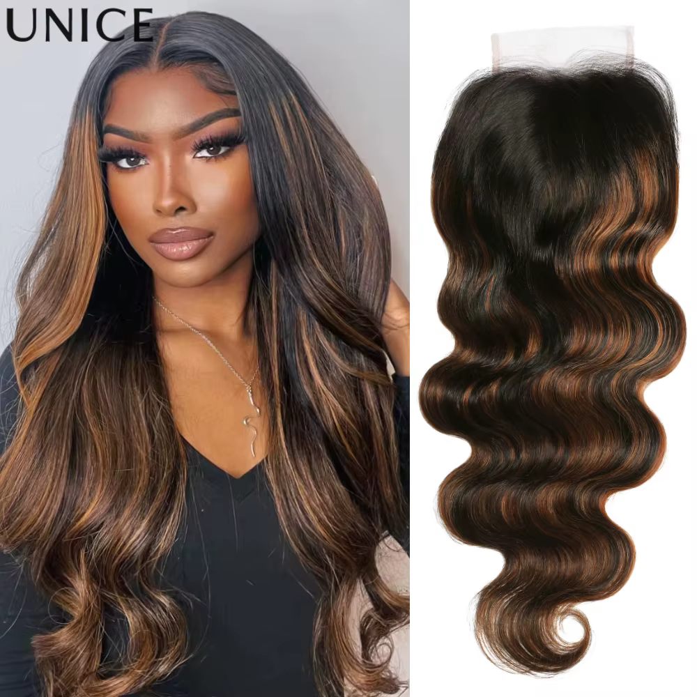 UNice Ombre Brown Highlights Body Wave 4x4 Lace Closure 1PC 100% Cheveux Humains Closure Free Part