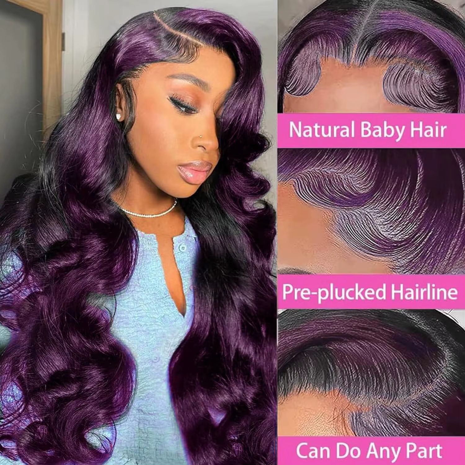 Perruques Lace Front Ombré Violet 13x4 à Rayures, Cheveux Humains Ondulés, Mèches Violet Foncé, Perr