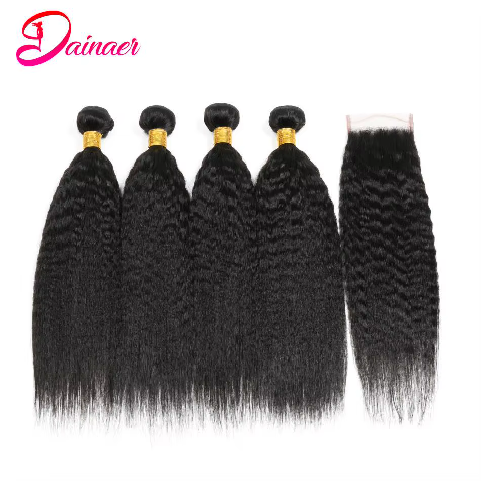 Mèches Péruviennes Naturelles Remy, Cheveux Crépus Lisses, 4x4, avec Closure