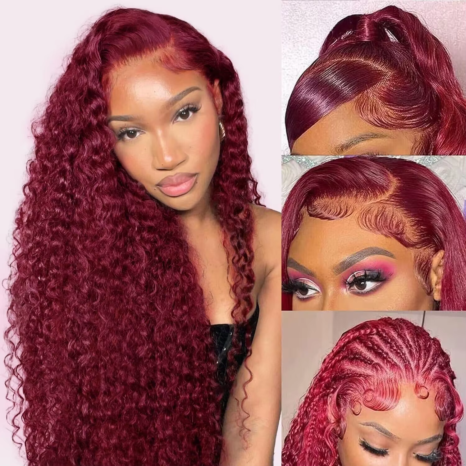 Perruque Lace Frontal Wig naturelle bordeaux 99j, 13x6, Deep Wave, pre-plucked, transparente HD, pou