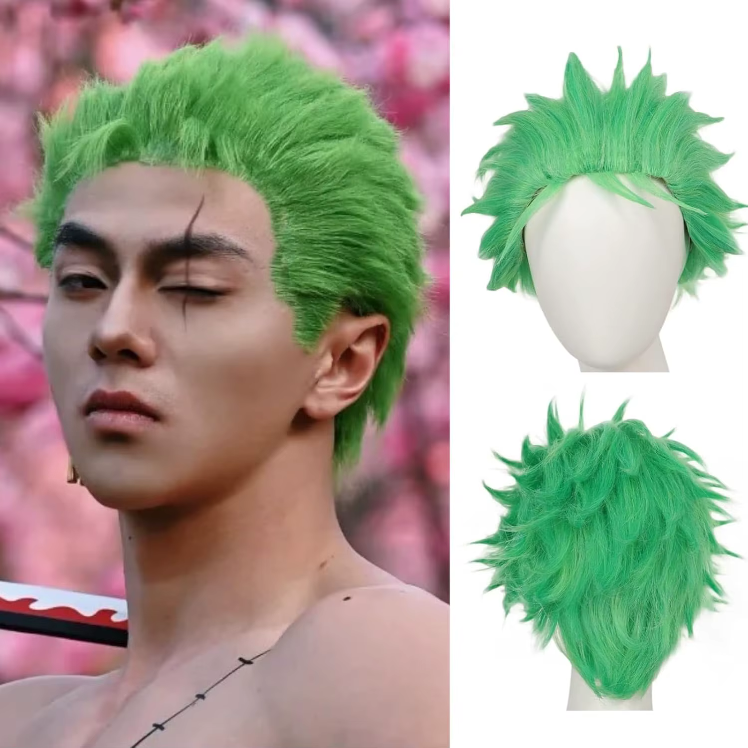 Perruques vertes courtes pour hommes, perruque Zoro vert herbe claire, perruques synthétiques résist