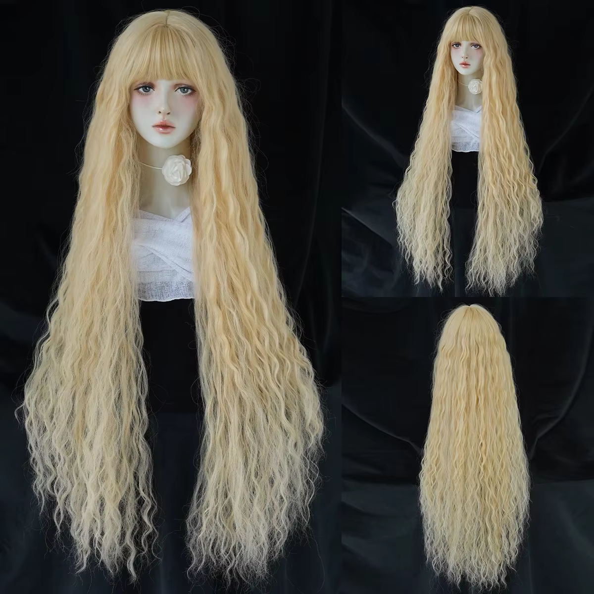 PARK YUN-Perruque Cosplay Blonde Extra Longue avec Frange, Perruque Lolita Blonde Bouclée, Perruque