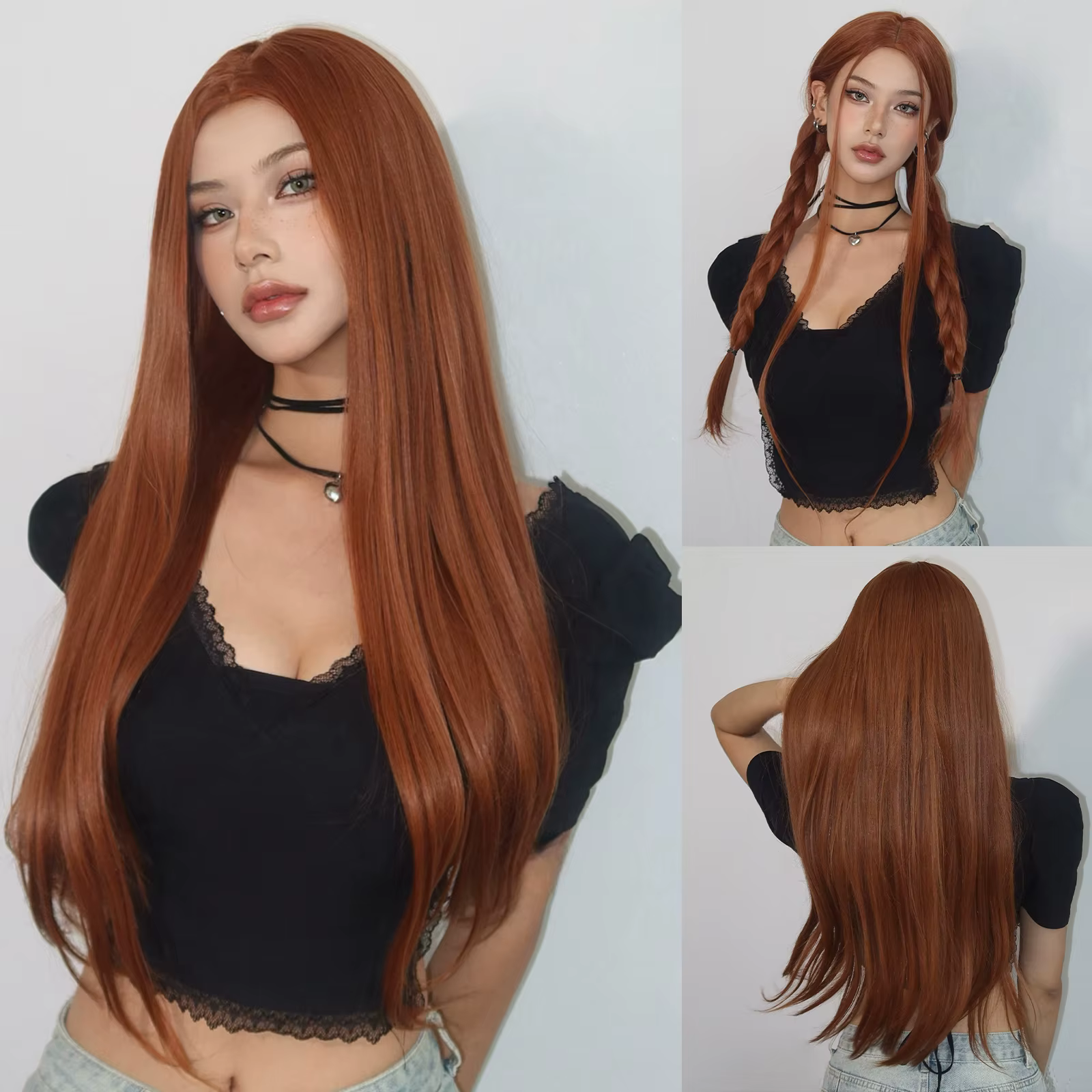 Perruque synthétique longue et lisse marron gingembre en cuivre pour femmes, perruque avec raie cent