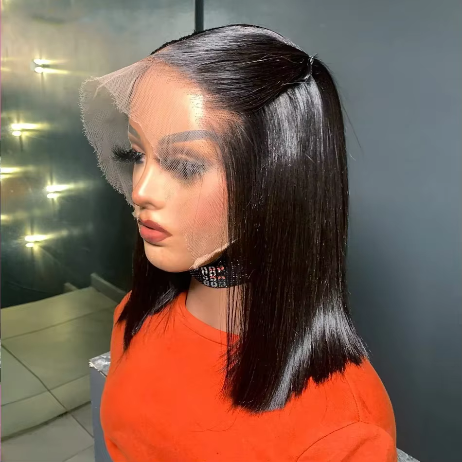 Perruques courtes bob droites 13x4 en cheveux humains, perruques frontales en dentelle 200% Remy pré