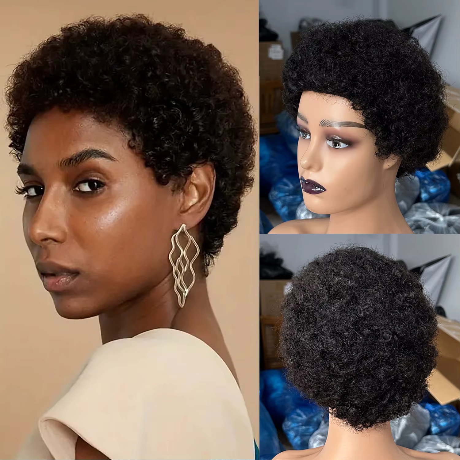 Perruques brésiliennes courtes coupe lutin pour femmes noires cheveux humains Afro crépus bouclés pe