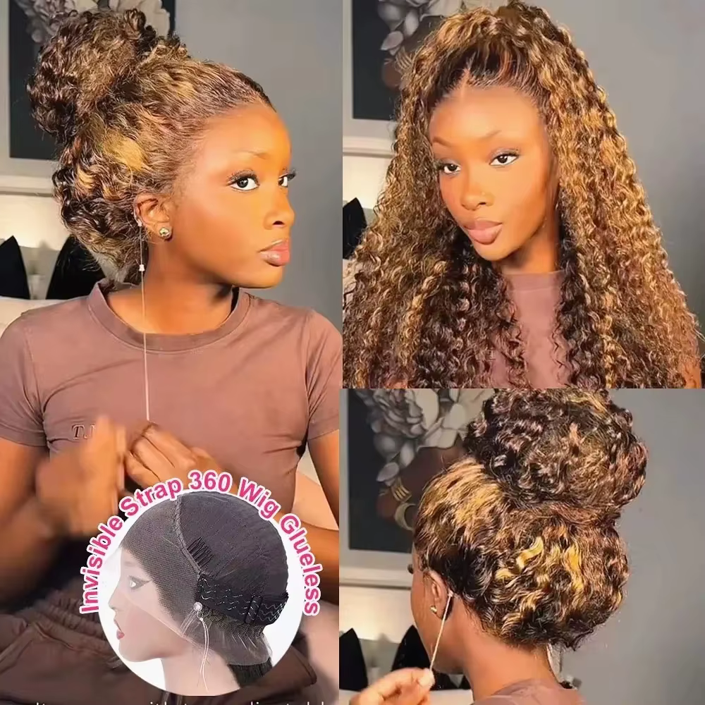 Miel Blonde 360 dentelle avant perruque cheveux humains 250 densité vague profonde mettre en évidenc