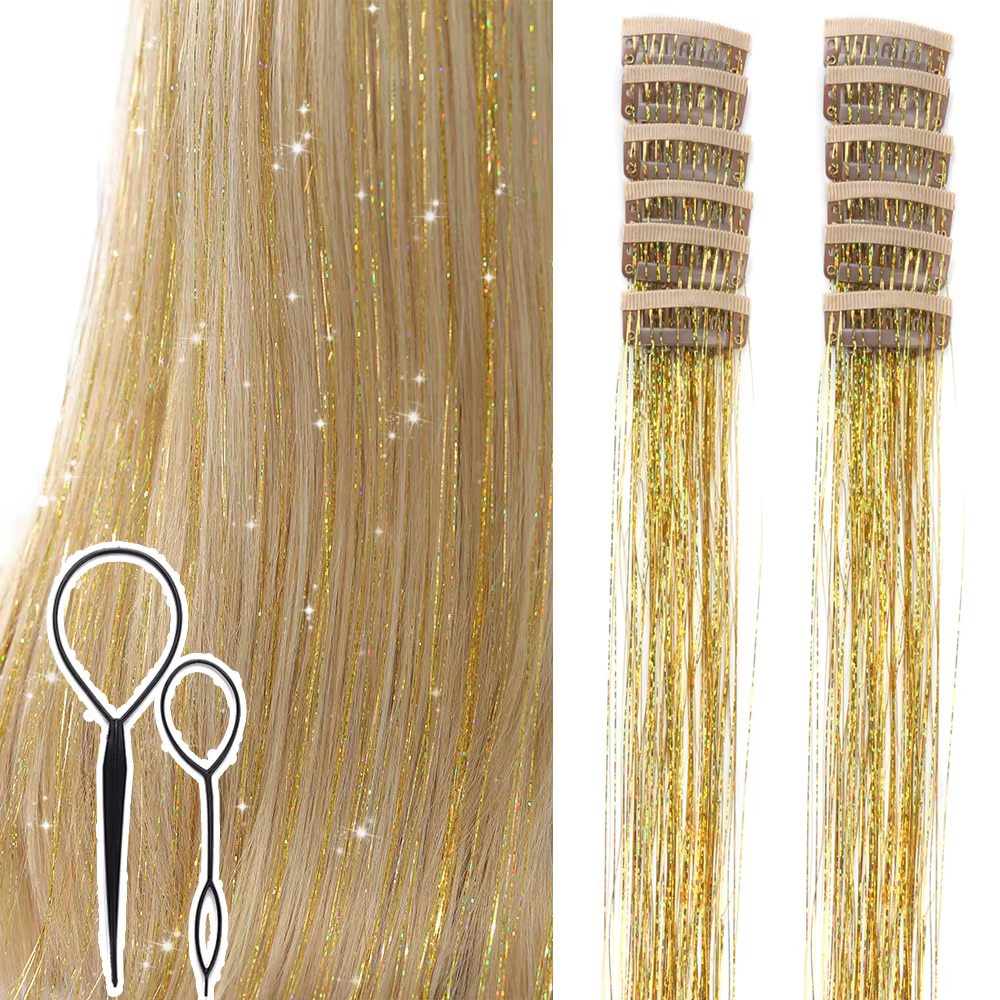 Kit de 12 mèches de cheveux scintillantes à clipser pour filles, extensions de cheveux synthétiques 