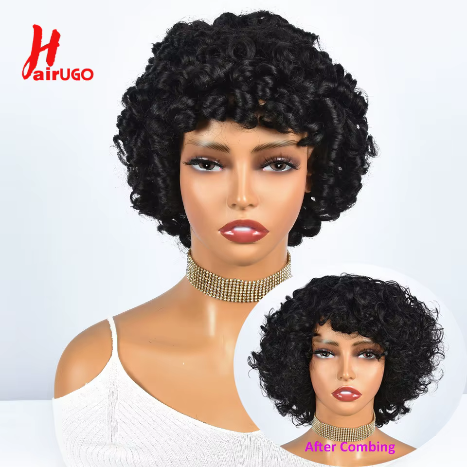 Hairugo-Perruque de Cheveux Humains Bouclés Coupe Pixie à Reflets, Sans Colle, avec Frange Entièreme