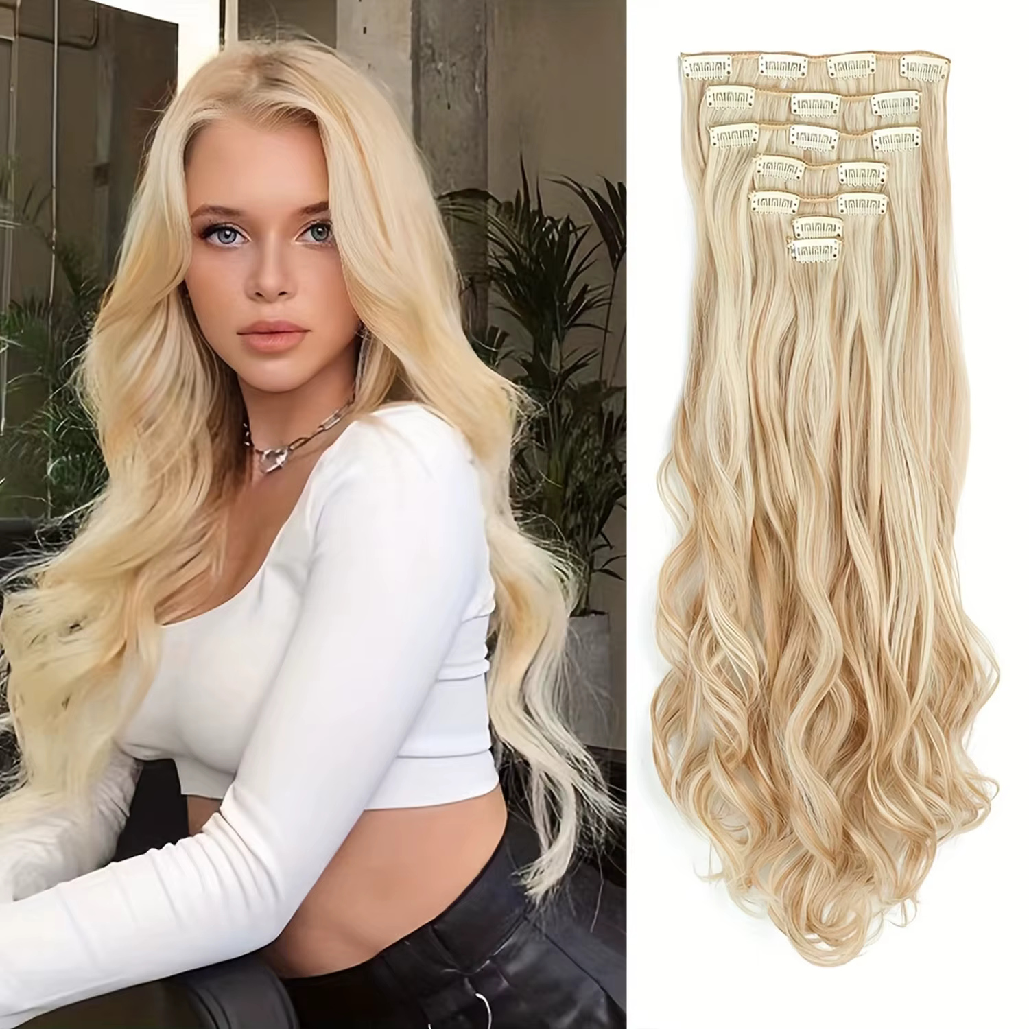 Extensions capillaires synthétiques à clips, 7 pièces, tête complète de 22 pouces, longues, bouclées