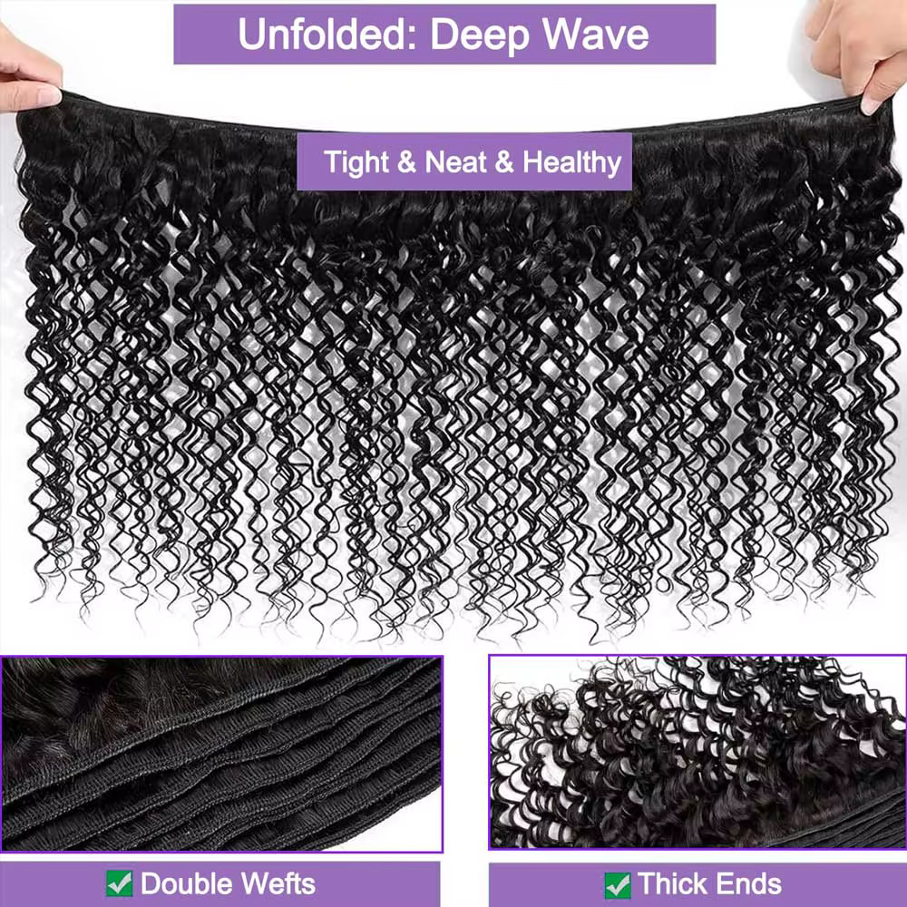 Lots de Cheveux Humains Brésiliens Vierge Ondulés Profonds Non Traités, Grade 1, 3 ou 4 Bundles, Cou