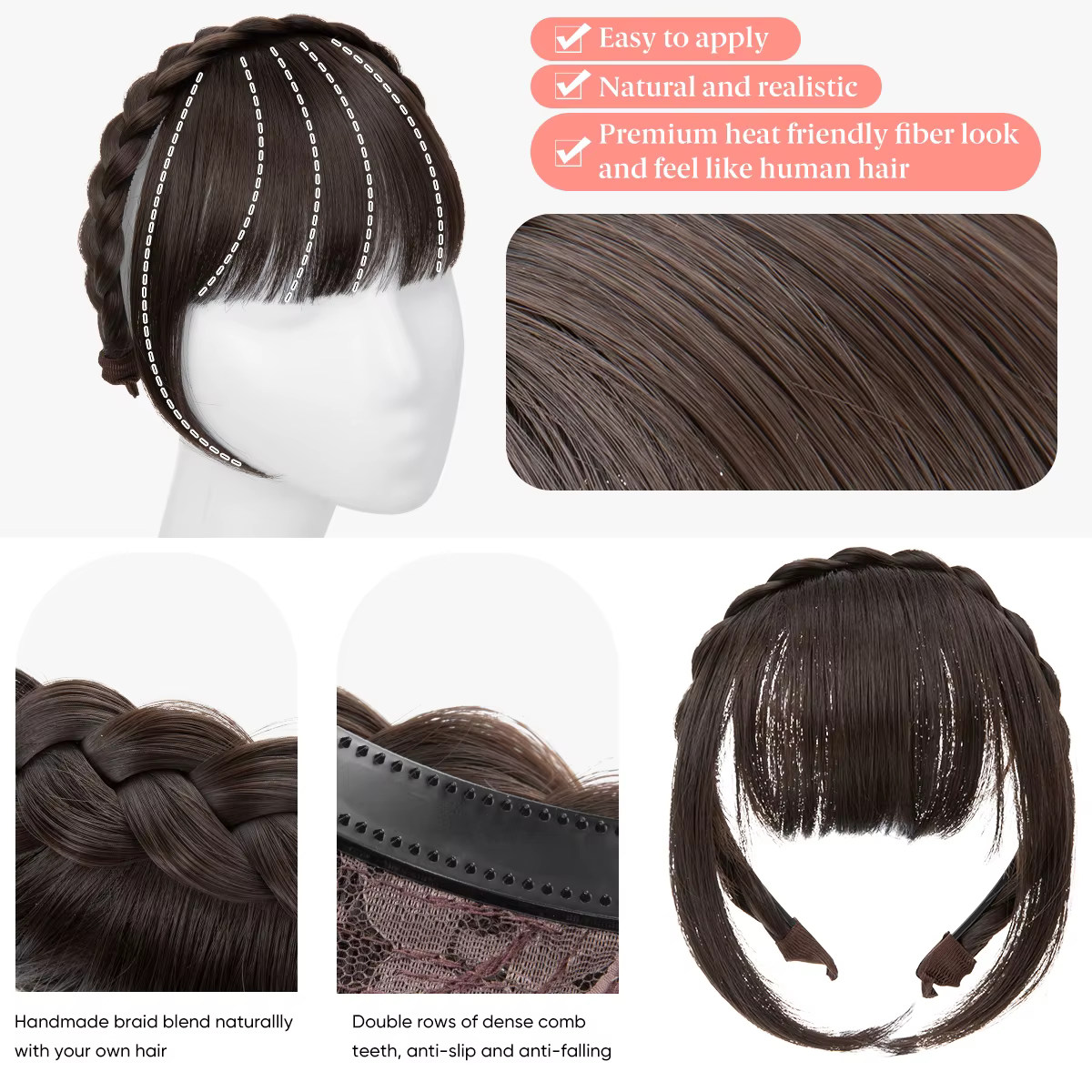 Extension de frange de bandeau synthétique, faux cheveux, frange émoussée avec côtés longs pour femm