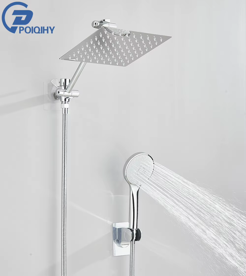 Pommeau de douche à effet pluie haute pression chromé avec douchette combinée et bras d'extension, 6
