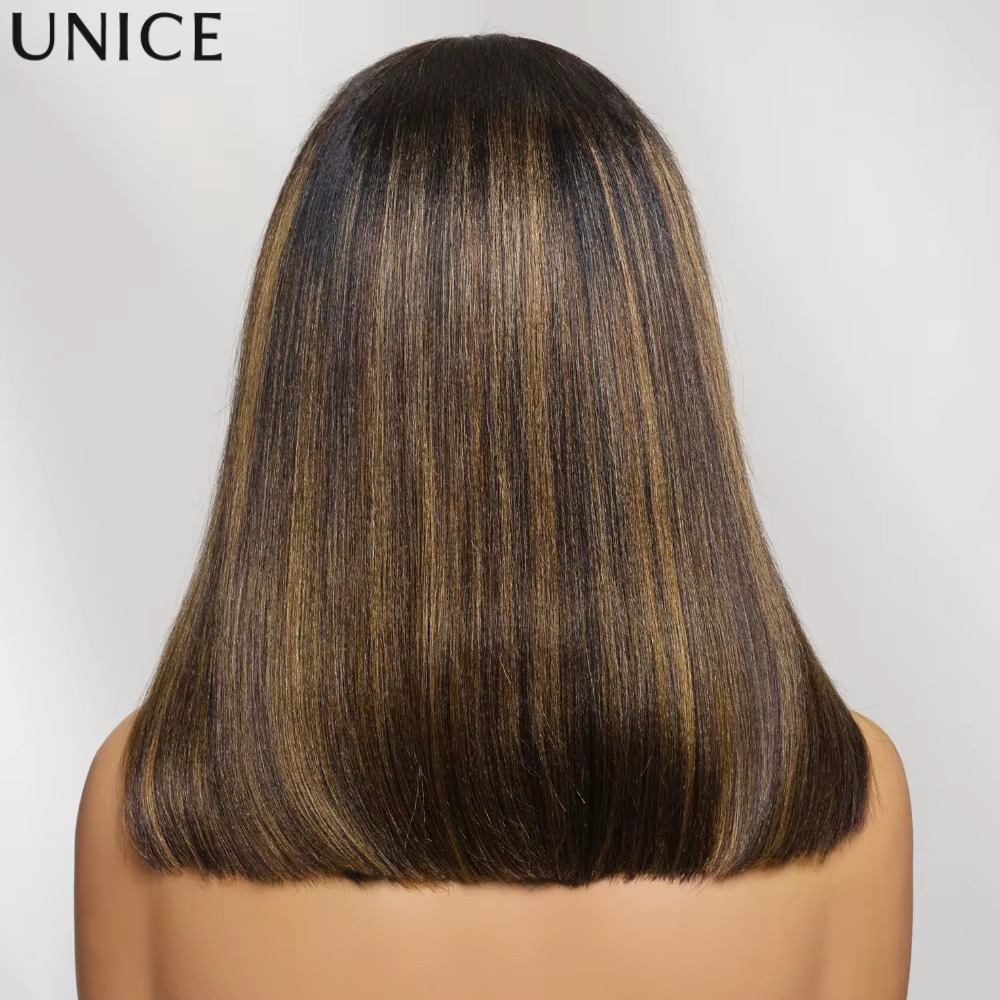 Perruque courte bob UNice Balayage Highlight Yaki Straight, en cheveux humains, avec dentelle 7x5, s