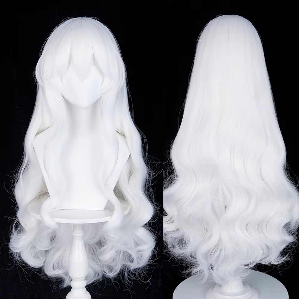 Perruque longue ondulée blanche avec frange, perruque synthétique moelleuse pour femmes, perruque po