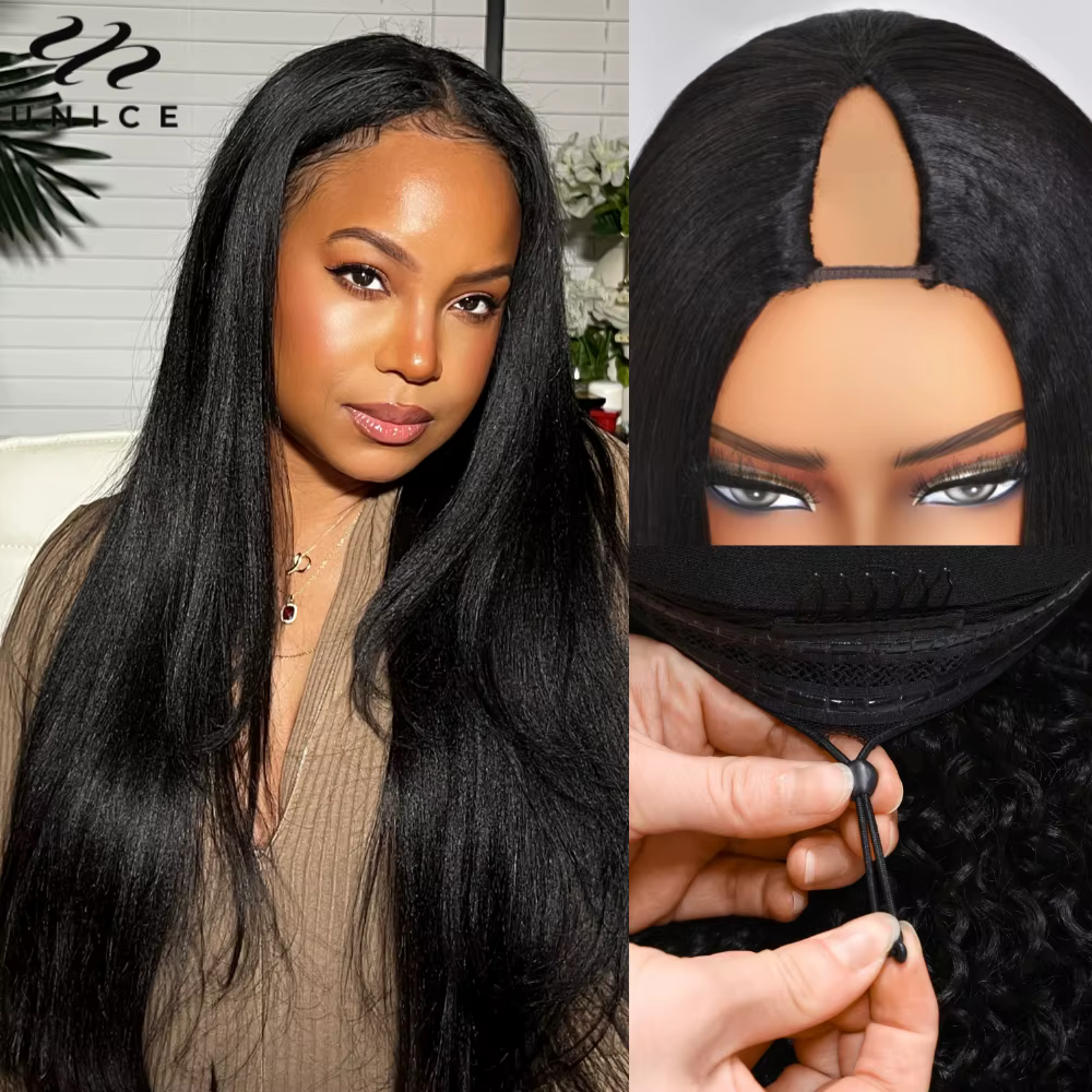 Perruque Yaki Straight V Part UNice 100% cheveux humains avec cordon de serrage
