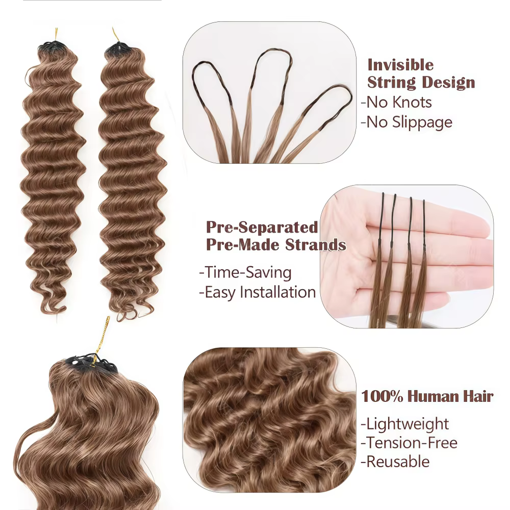 Cheveux 100% humains # 4 extensions de cheveux en crochet ondulés pré-séparés sans nœuds, couleur ma