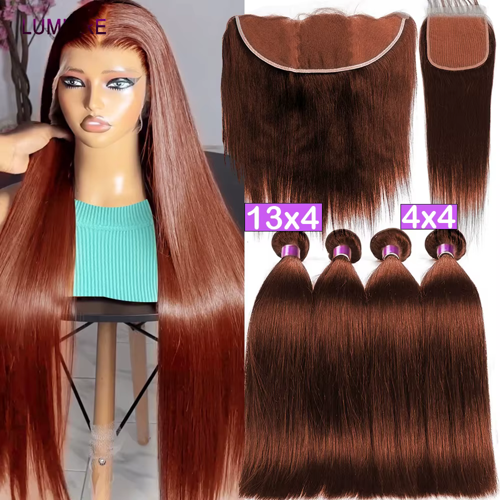 # Mèches brésiliennes 100% naturelles lisses, brun Auburn, avec Lace Frontal Closure transparente HD