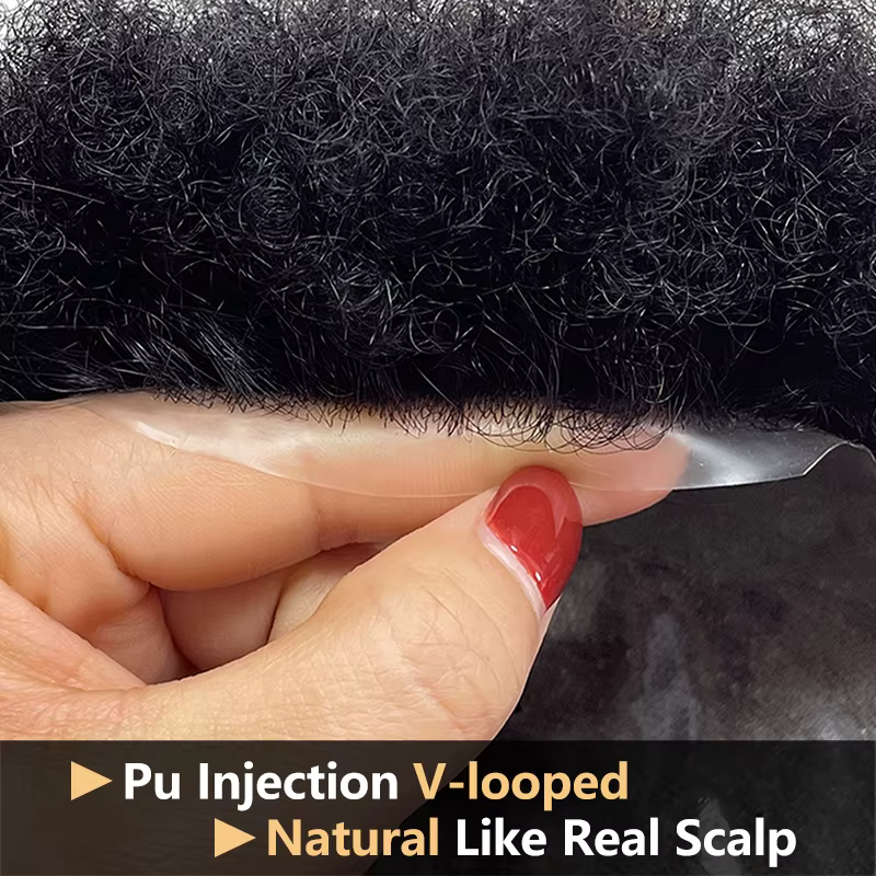 100% cheveux humains hommes PU capillaire prothèse Toppers Afro cheveux bouclés Ultra mince respiran