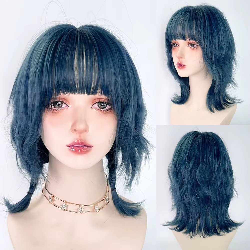 Perruque synthétique bleue à tête de mulet avec frange, perruque courte et lisse pour Cosplay Anime 