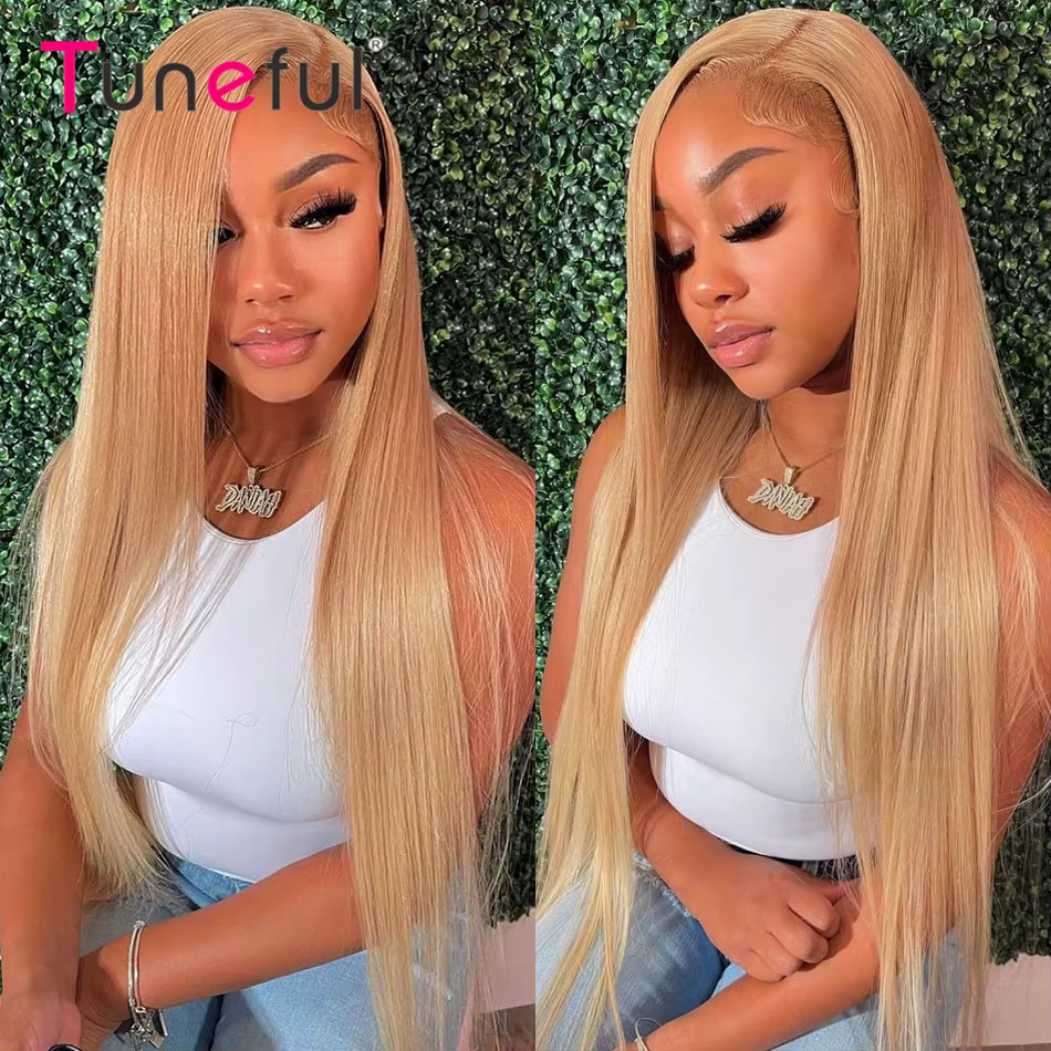 Tuneful 27 # Perruques en cheveux humains de couleur blonde miel, lisses, 180%, 13x6, dentelle tra