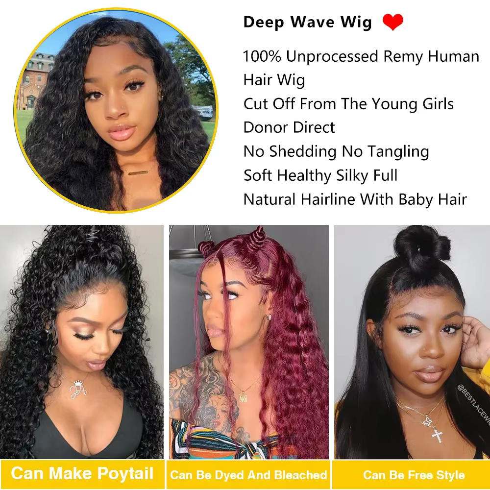 Perruque Deep Wave sans colle pour femme, cheveux humains noirs, perruque Frmetals, dentelle HD, prê