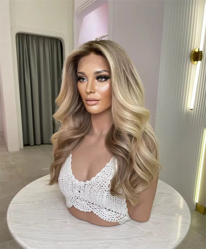 Nouvelle perruque Lace Front 2026 tendance, mèches blondes et brunes, mélange synthétique 5% cheveux