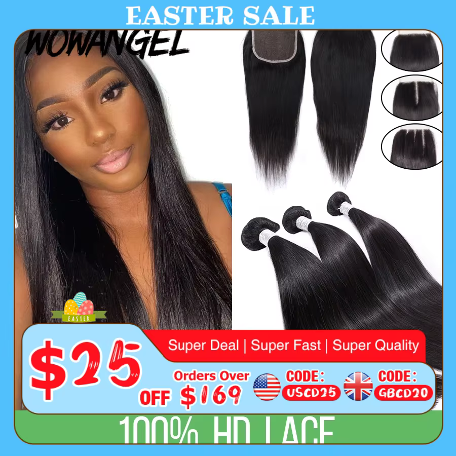 Tissage en lot naturel vierge lisse avec Closure, extension de cheveux soyeux, invisible HD, 30 pouc